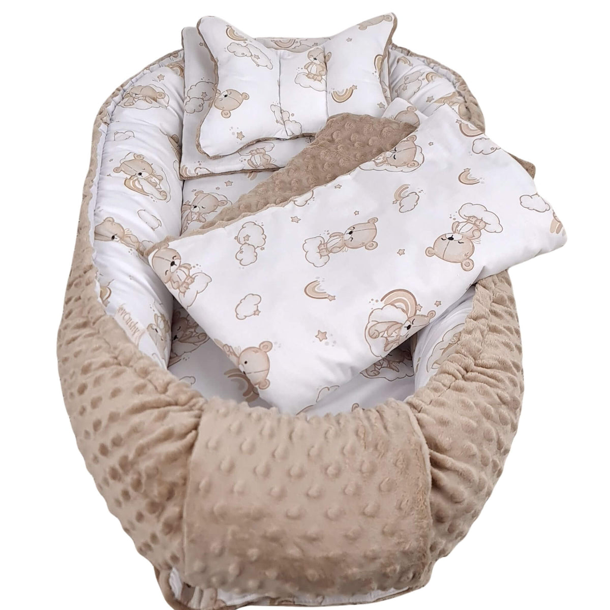 Evcushy Cloud Nine Bears baby nest 5-piece set with teddy bears, rainbows and clouds print and taupe minky plush with pillow and quilt
