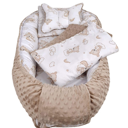 Evcushy Cloud Nine Bears baby nest 5-piece set with teddy bears, rainbows and clouds print and taupe minky plush with pillow and quilt