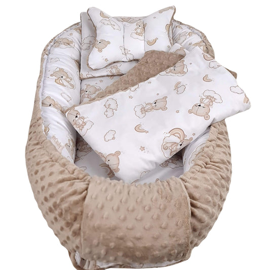 Evcushy Cloud Nine Bears baby nest 5-piece set with teddy bears, rainbows and clouds print and taupe minky plush with pillow and quilt