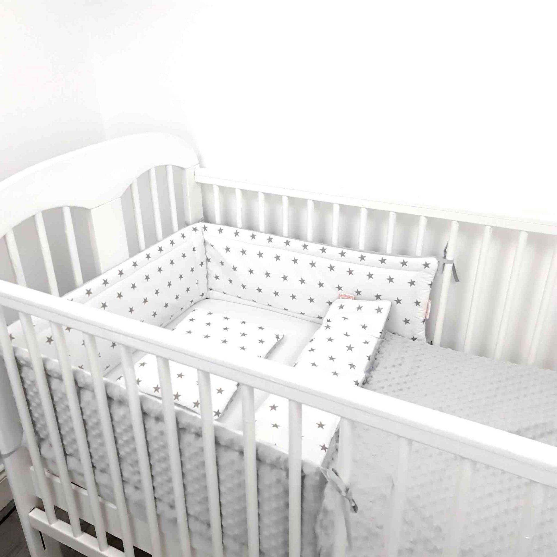 cot bed bumper blanket and pillow for baby white cotton with grey stars and grey cosy soft plush