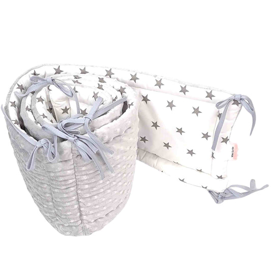 cot bed bumper for cot size 70x140cm grey and white with grey stars cotton and cosy minky fabric