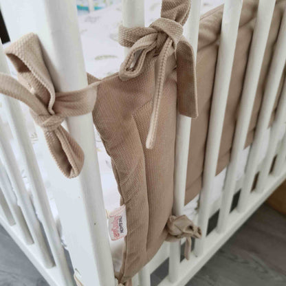 easy to attach cot bed bumper beige colour for long side of the cot comes in 2 sizes 140cm and 120 cm evCushy
