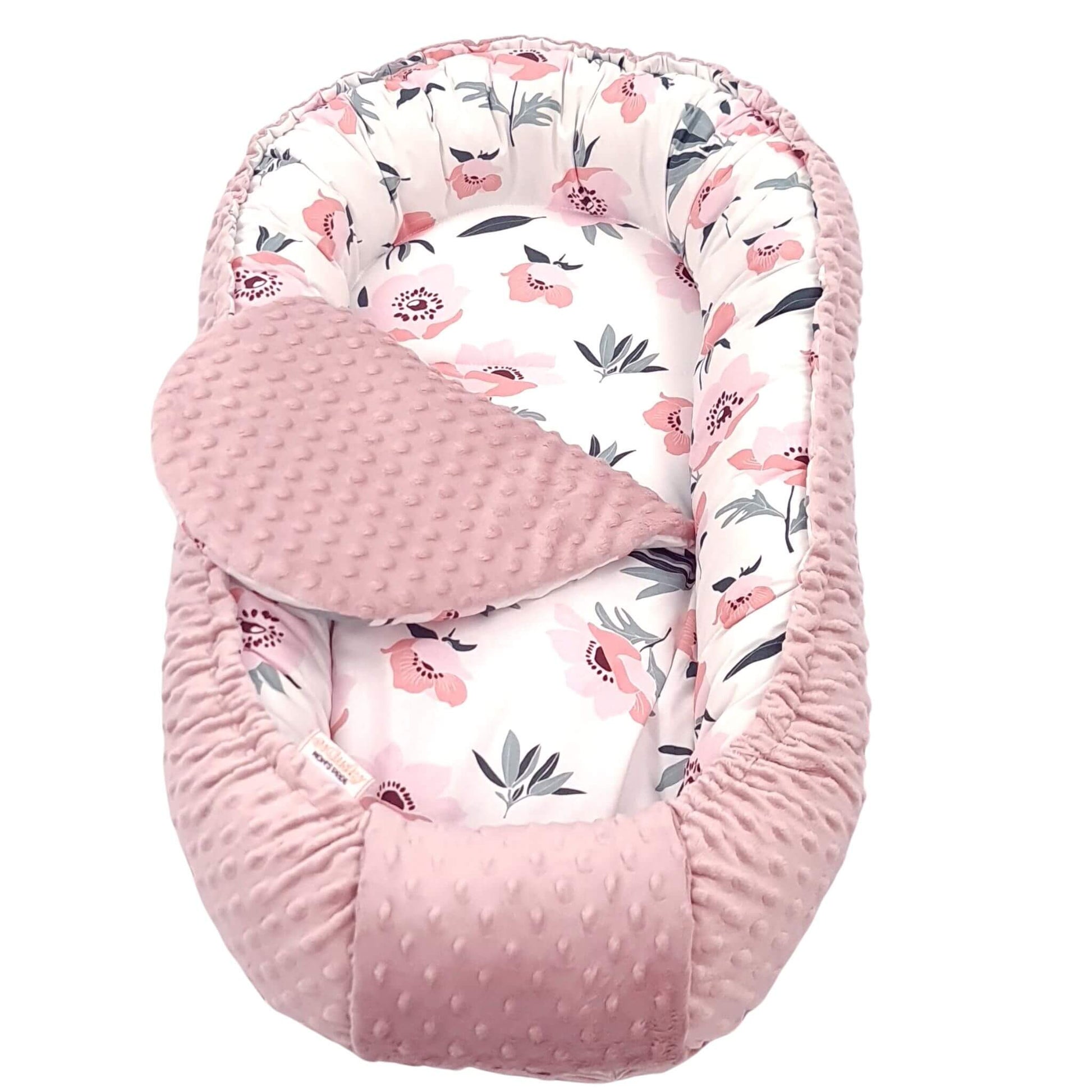 evCushy Baby Nest with liner – Pink Poppies & Blush Plush – Soft baby sleep pod for newborns to 9 months, featuring pink poppy cotton and blush pink 