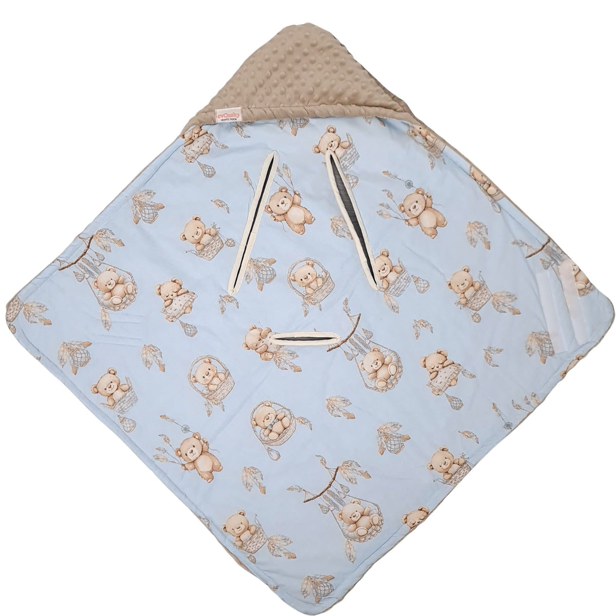 A baby hooded blanket with a light blue body printed with teddy bear motifs and a beige textured hood, showing the holes for 5 points harness.