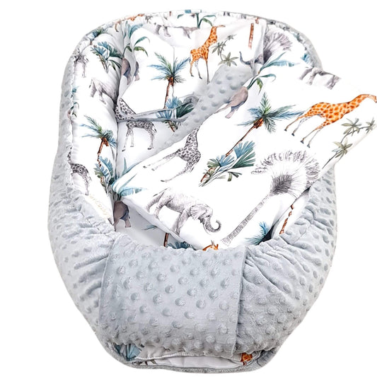 Evcushy Safari Animals baby nest 5-piece set with elephant, giraffe and palm tree print and grey minky plush