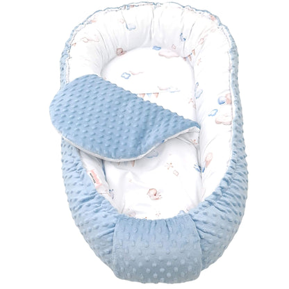 Blue Clouds & Little Birds breathable baby nest – safe sleeping pod for newborns