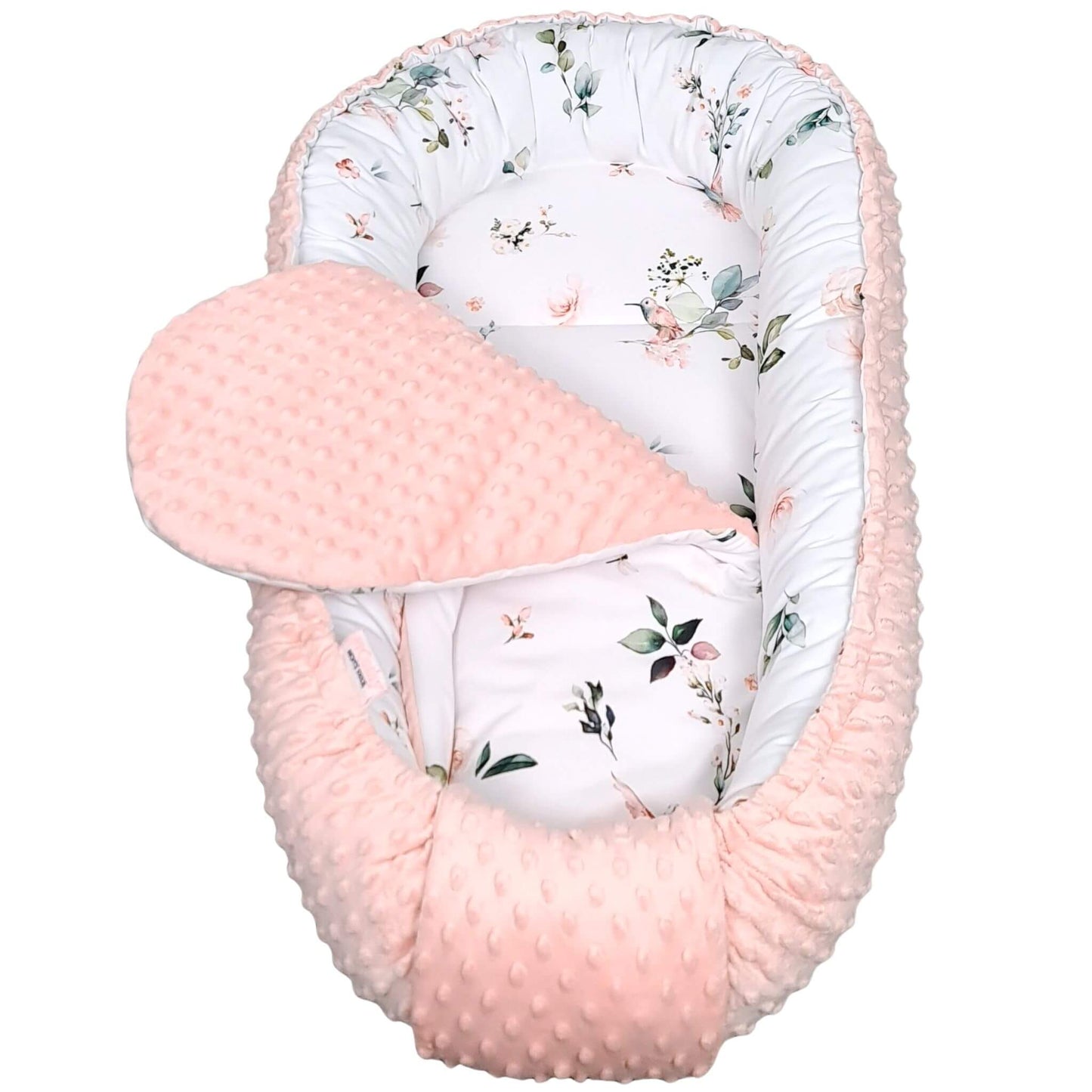 Pink Roses & Hummingbirds breathable baby nest front view – safe sleeping nest for newborn girls