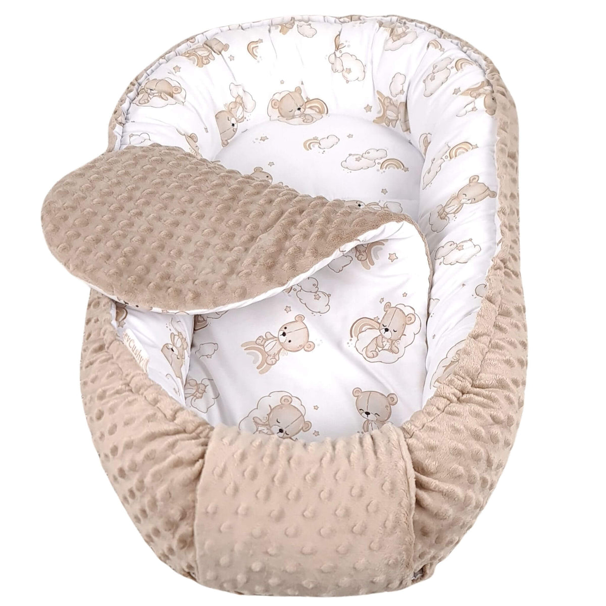 Removable baby nest liner in the Cloud Nine Bears teddy bear print with matching taupe minky fabric
