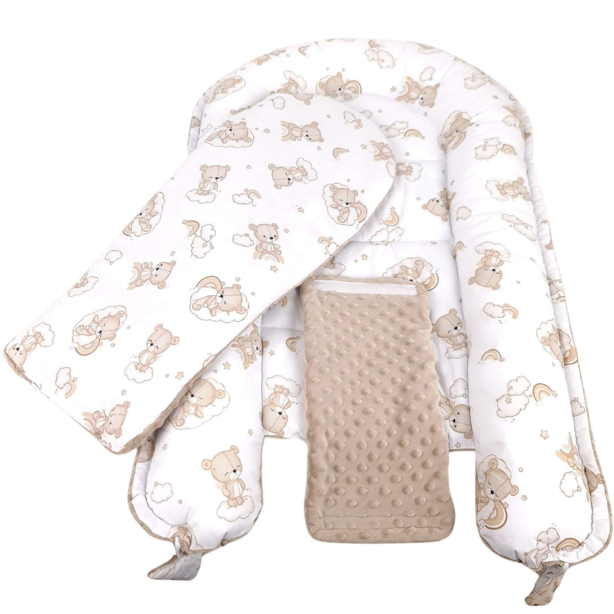 A baby support nest set featuring a white padded support frame with a beige and brown animal pattern, a matching padded baby wrap, and a beige textured Minky dot blanket, all on a white background.