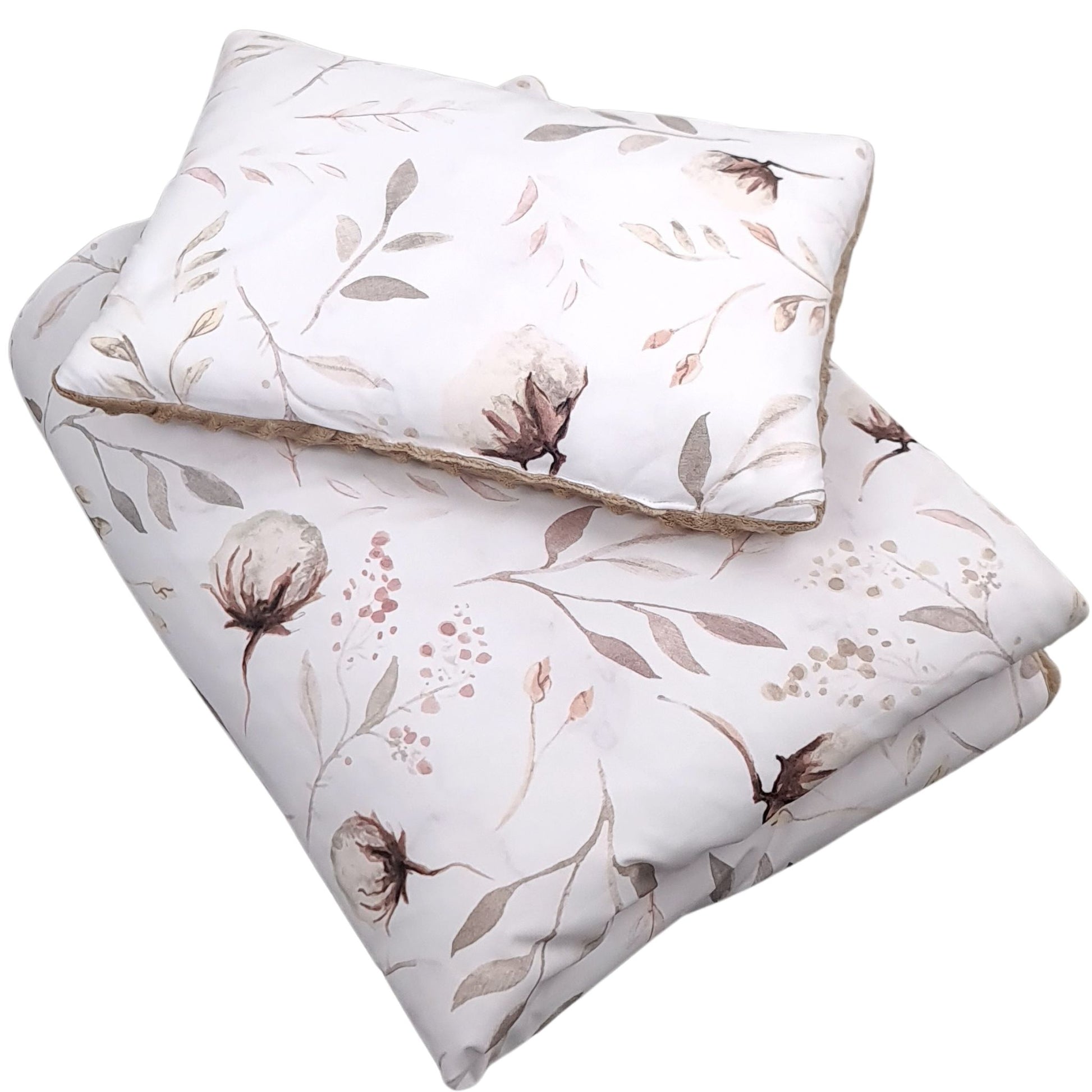 Baby quilt and pillow set with Cotton Blossom floral beige pattern and taupe plush minky backing by Evcushy Ireland