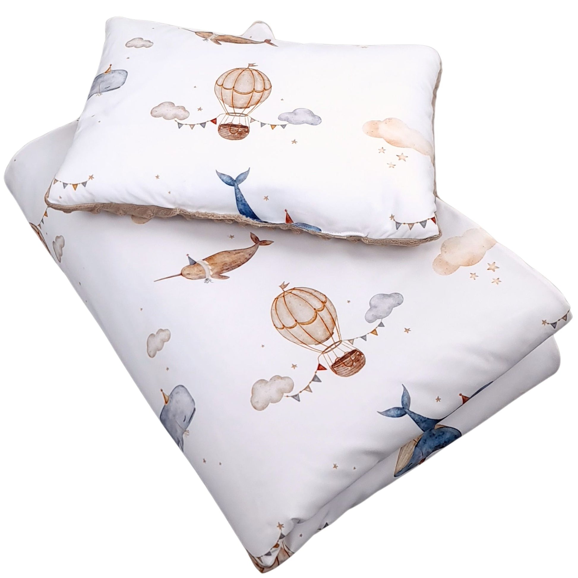 Baby quilt and pillow set with Hot Air Balloons and Whales design, taupe plush minky backing, Evcushy Ireland