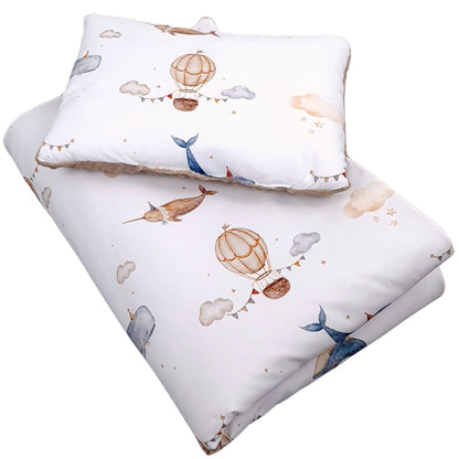 Baby quilt and pillow set with Hot Air Balloons and Whales design, taupe plush minky backing, Evcushy Ireland