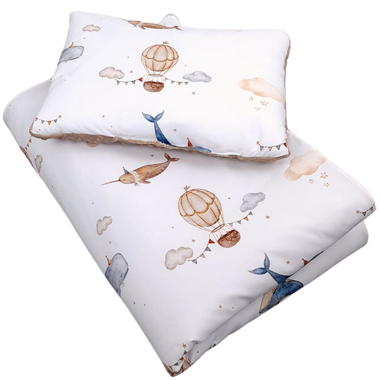 Baby quilt and pillow set with Hot Air Balloons and Whales design, taupe plush minky backing, Evcushy Ireland