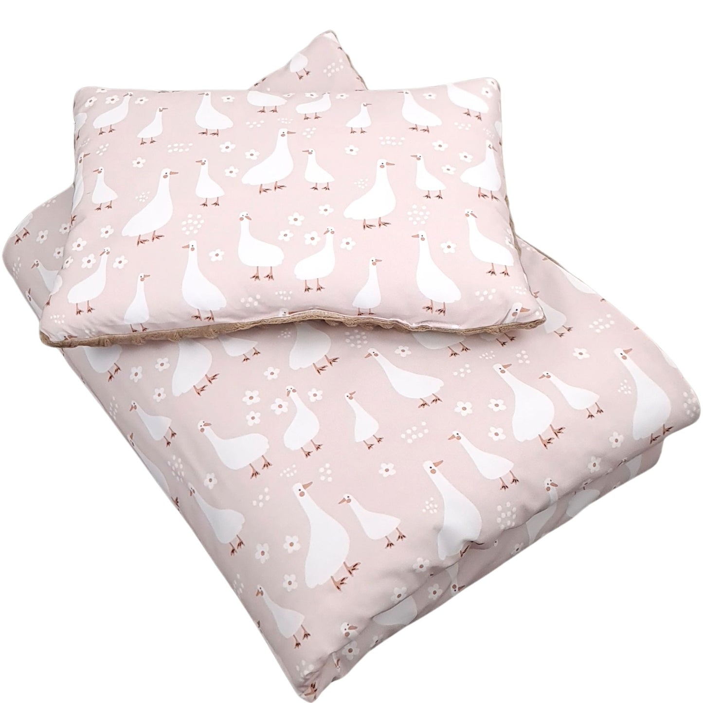 Baby quilt and pillow set with white geese on pink cotton fabric and taupe plush minky backing by Evcushy Ireland