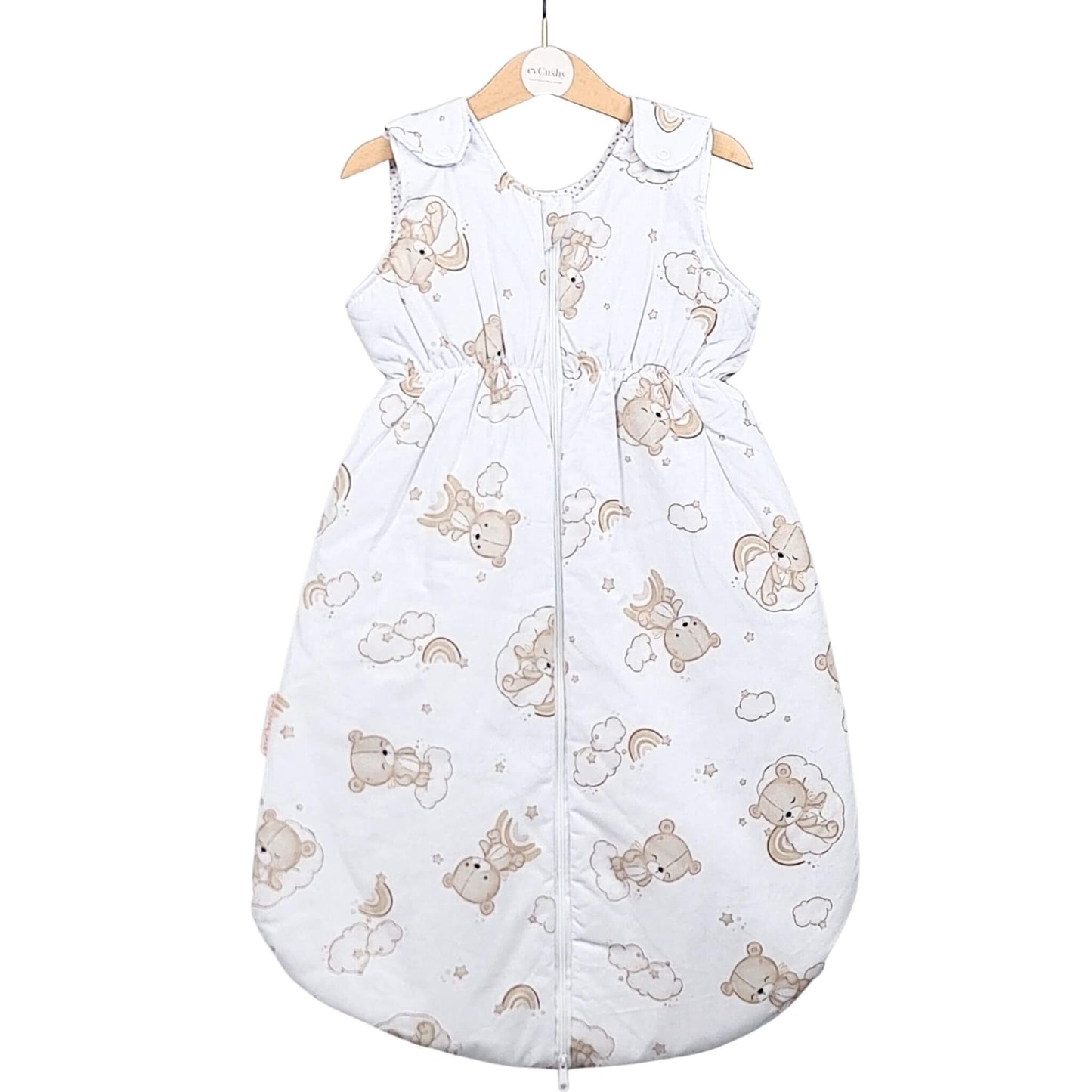 Neutral baby sleeping bag with teddy bear and rainbow pattern 1.5 tog