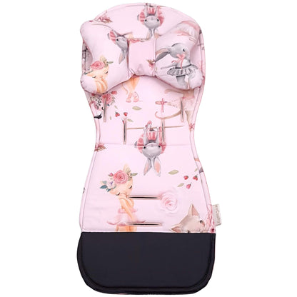 Evcushy Ballerina stroller liner showing the cotton ballerina pattern side with matching head support pillow. Reversible padded buggy liner.