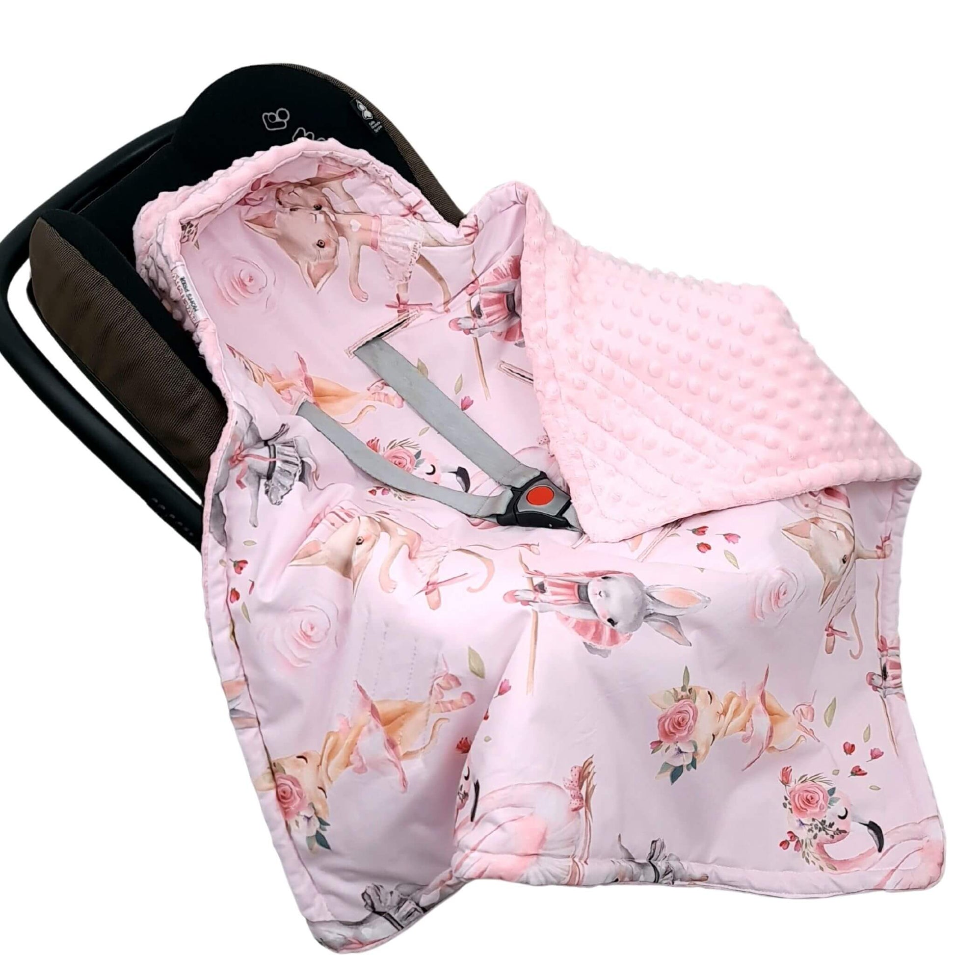 Evcushy Ballet Dreams Car Seat Blanket secured with 3-point harness for newborn safety
