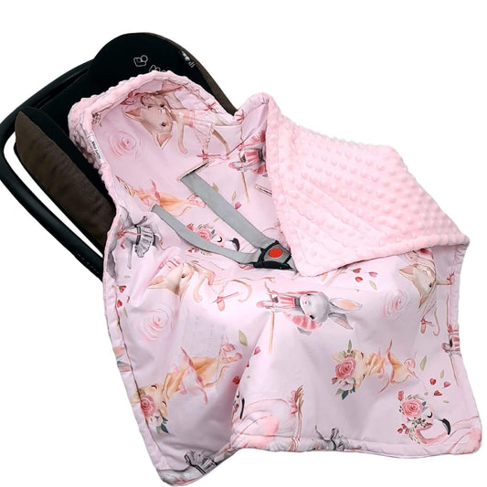 Evcushy Ballet Dreams Car Seat Blanket secured with 3-point harness for newborn safety