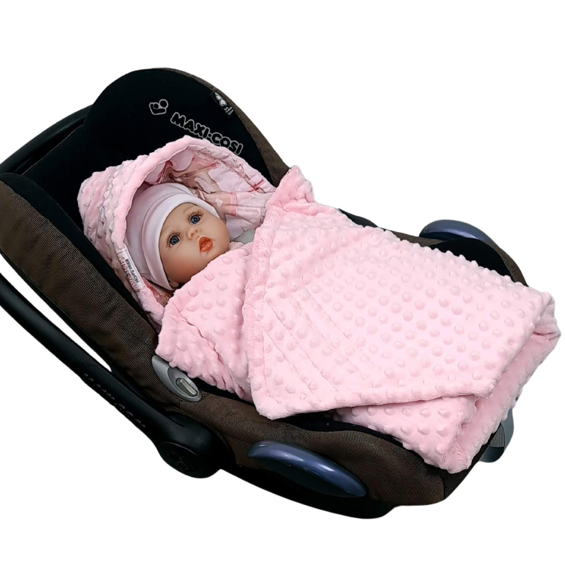 Baby girl wrapped in Evcushy Ballet Dreams Blanket with pink minky plush in car seat