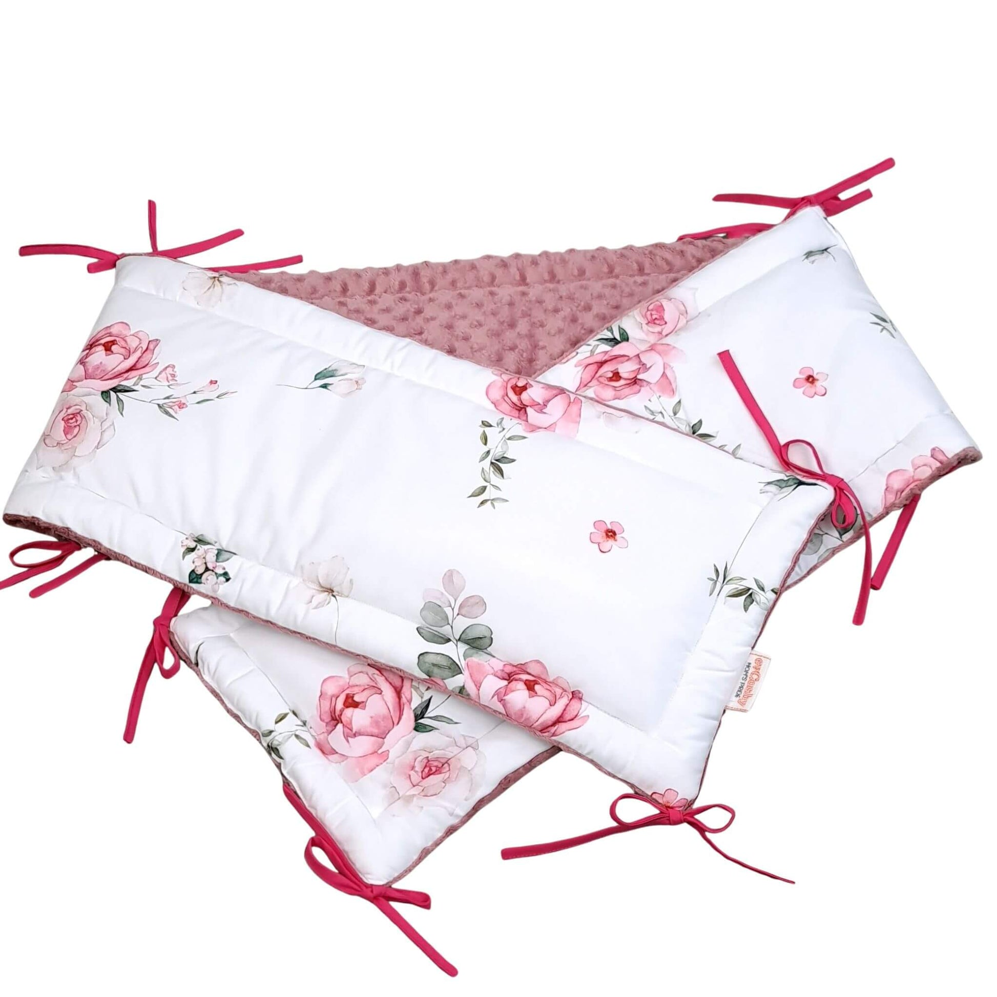 Blooming roses cot bed bumper with dark pink foxglove minky by Evcushy