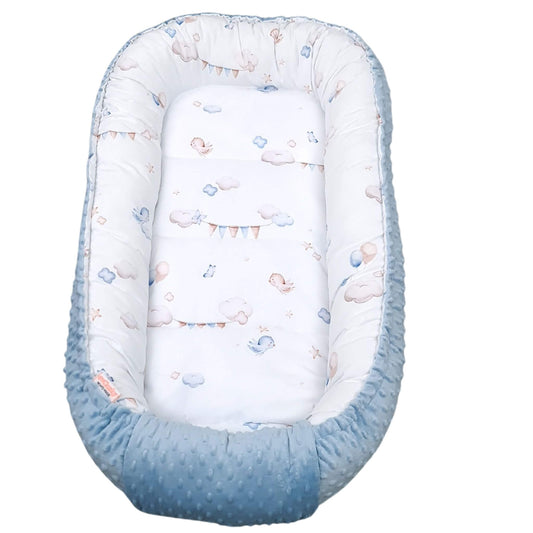 Evcushy Snuggle & Play Pod XXL Blue Clouds & Balloons pattern with blue plush base