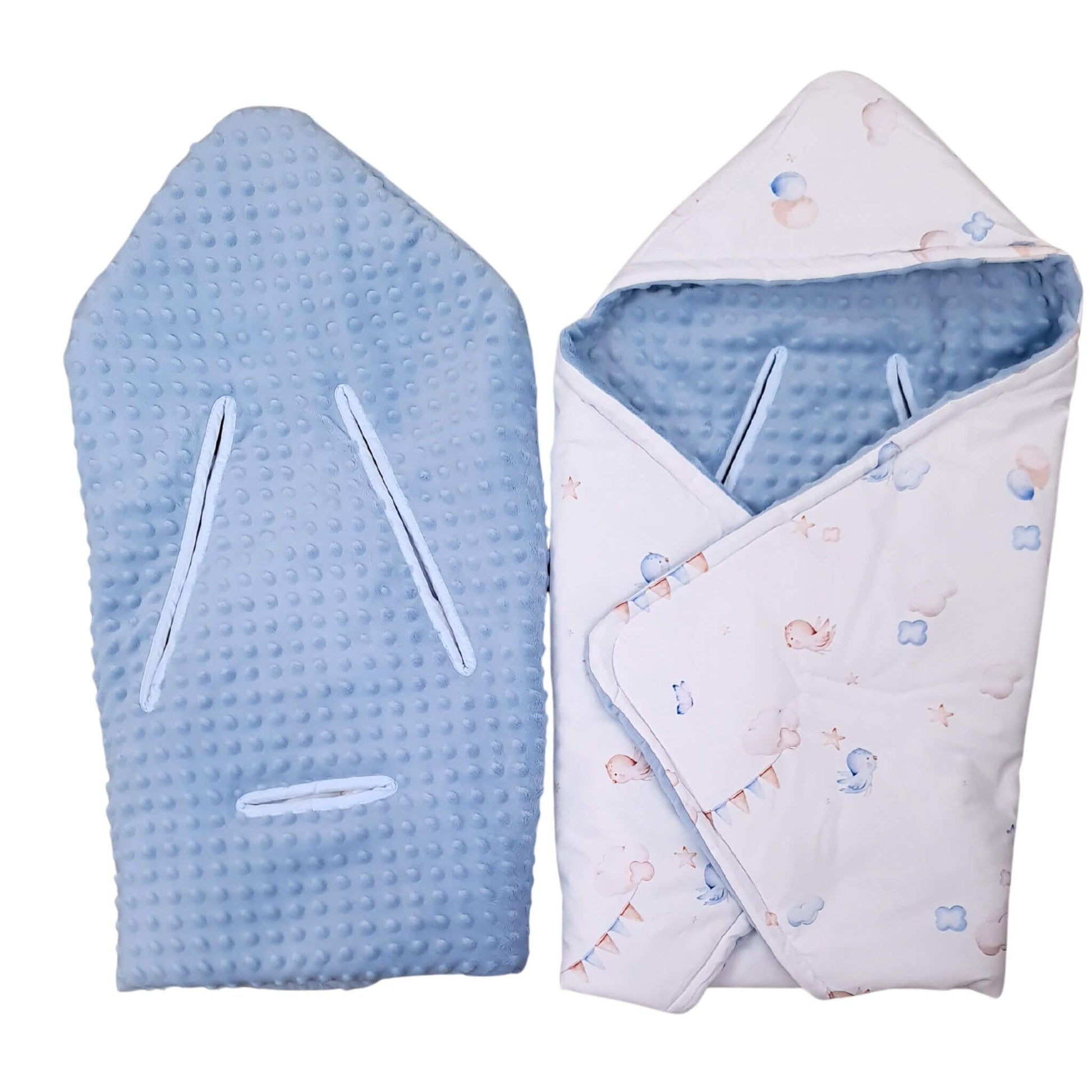 A baby swaddle blanket for a 5 point harness infants car seat for 0-12 months, light blue minky dot blanket and a wrapped swaddle in white with pastel blue and beige litle birds and balloons with hood