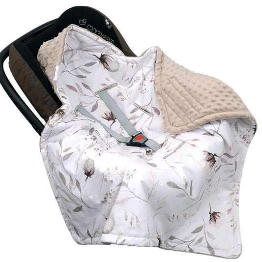 Evcushy Cotton Blossom car seat blanket fitted in 3-point harness for newborn safety and comfort with minky texture
