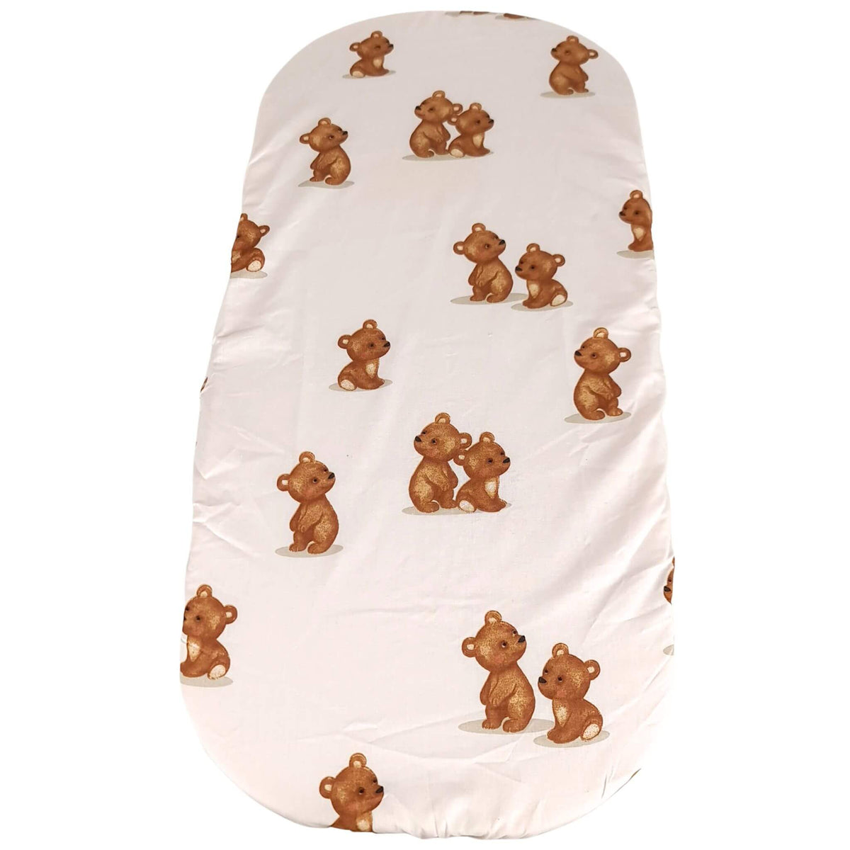 A white padded baby carrycot fitted sheet featuring a repeating pattern of cute brown cartoon teddy bears, shown against a plain white background.