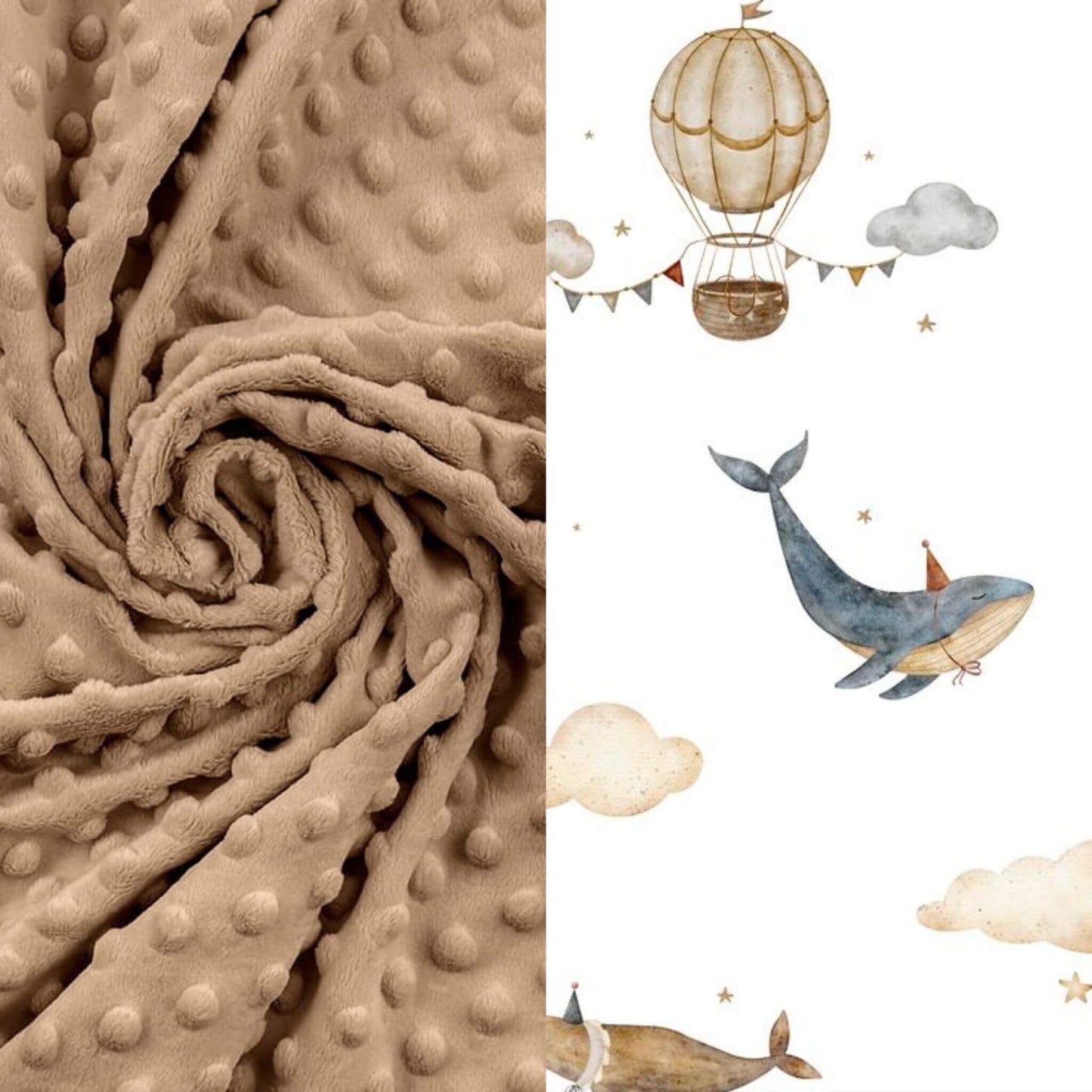 Textured beige bedding with a hot air balloon, whale, and clouds illustration on a white cotton for toddler in ireland
