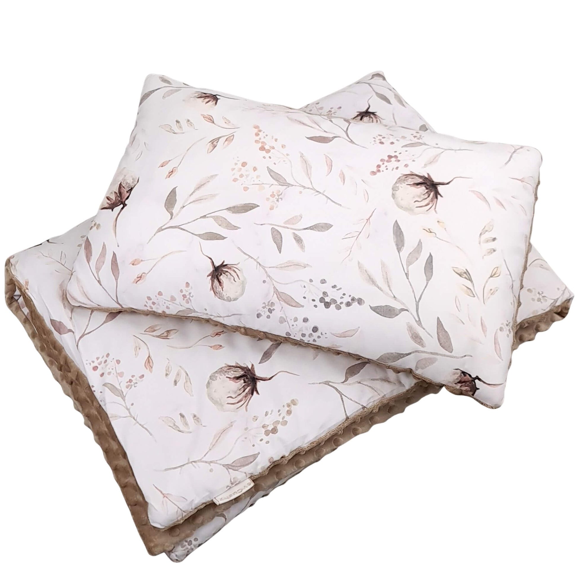Floral-patterned pillow and blanket set on a white background in neutral colours beige and taupe minky suitable for baby up to 5 years