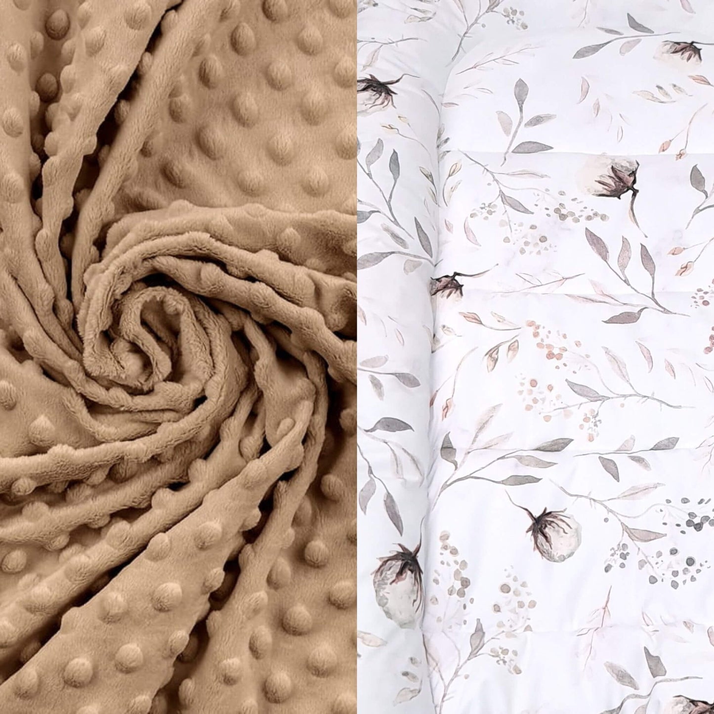 Textured beige fabric and floral-patterned fabric neutral style quilt and pillow for toddler