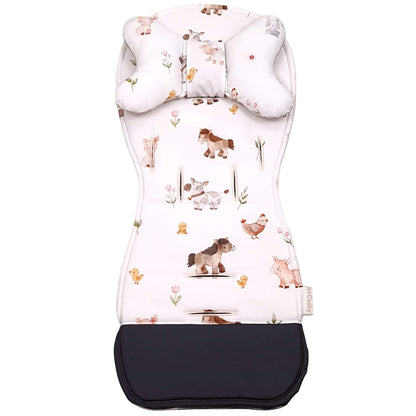 Close-up of the Evcushy Farm Animals stroller liner showing the wipe-clean washable footrest that protects the buggy from dirty shoes.
