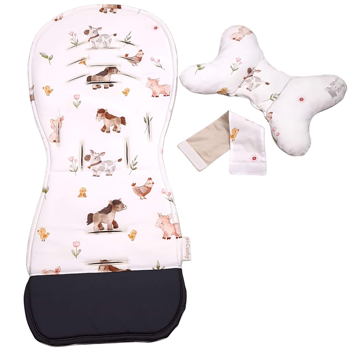 Evcushy Farm Animals stroller liner showing the cotton farm animal pattern side with matching head support pillow. Reversible padded buggy liner.