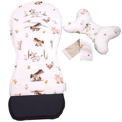 Evcushy Farm Animals stroller liner showing the cotton farm animal pattern side with matching head support pillow. Reversible padded buggy liner.