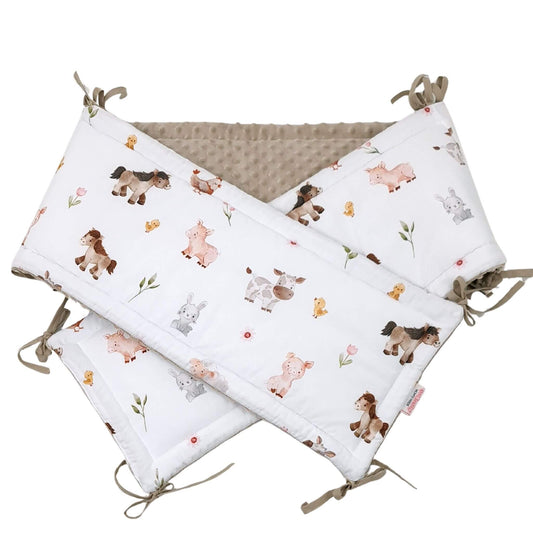 Evcushy Farm Friends Cot Bumper with farm animals and floral pattern