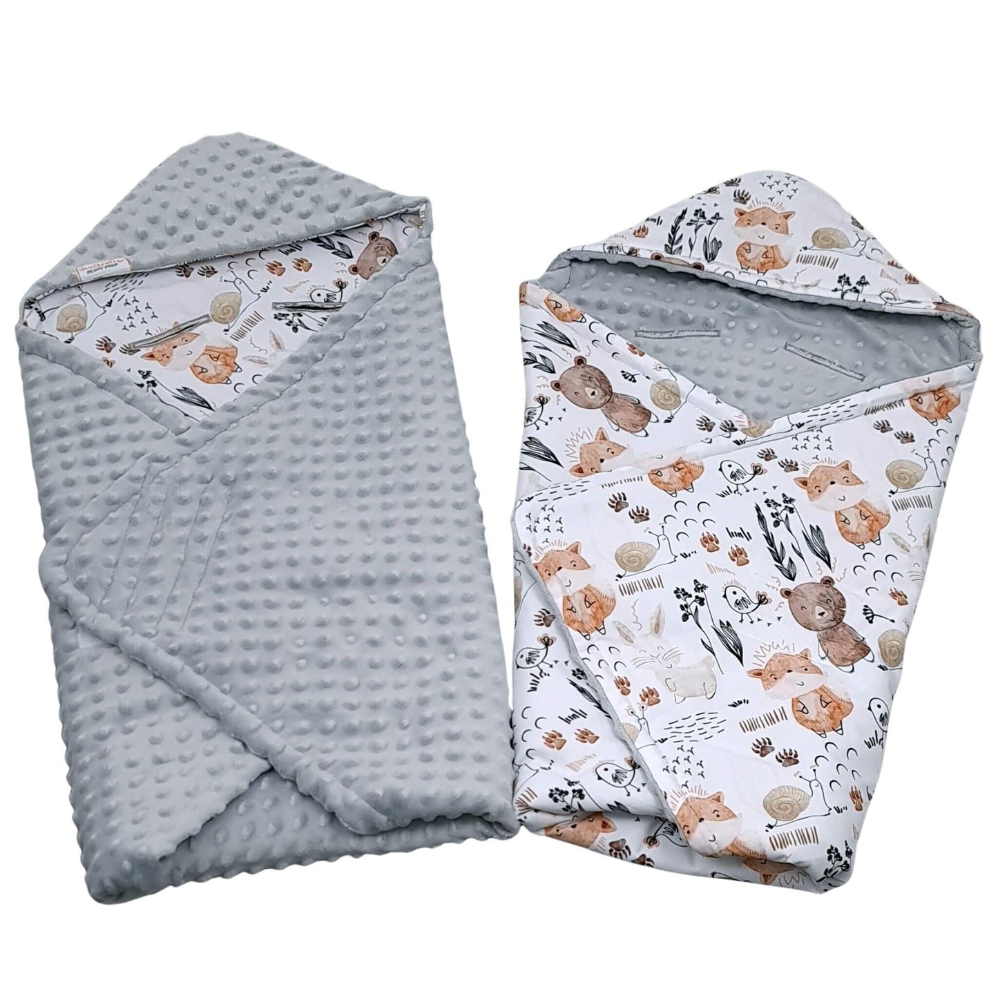 Evcushy Forest Animal Friends hand made car seat blanket showing soft cotton woodland print and plain dimple fleece reverse