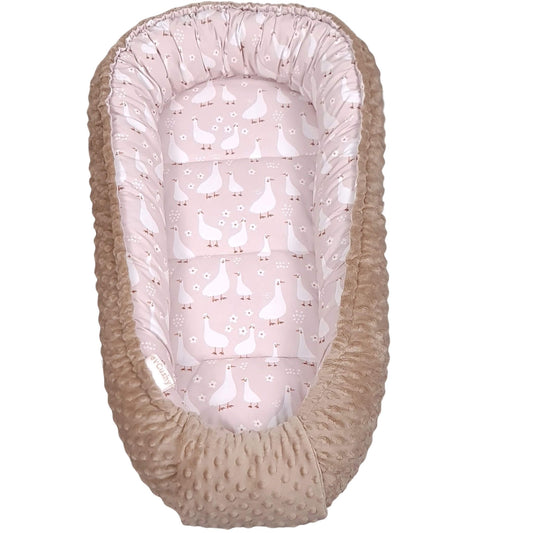 Geese Family baby nest by Evcushy in pink cotton with white geese and taupe plush, newborn baby pod handmade in Europe