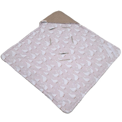 Open view of Evcushy Geese Family Blanket for newborn car seat with cotton geese visible side
