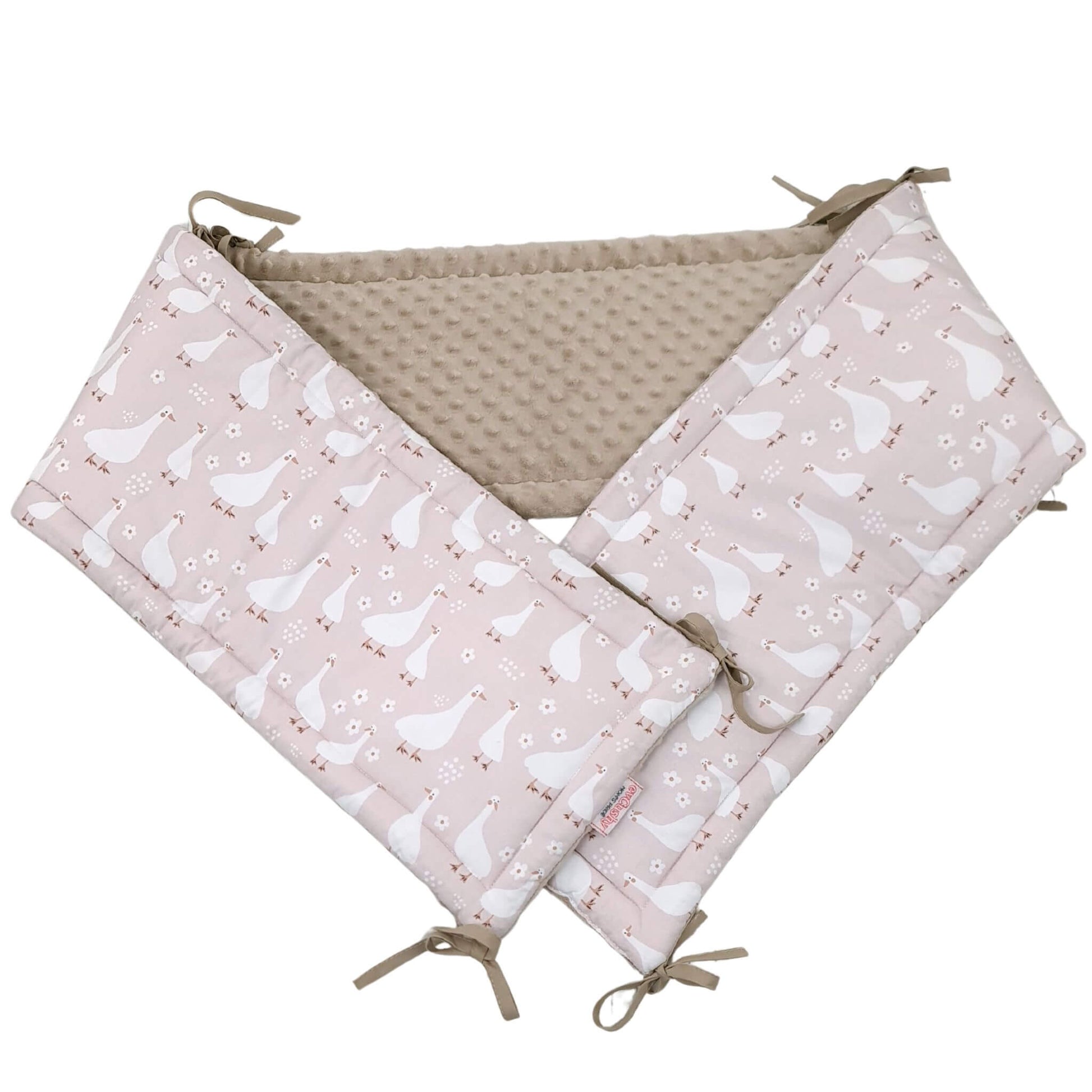 Evcushy Geese & White Flowers Cot Bumper with floral and geese print on delicate pink