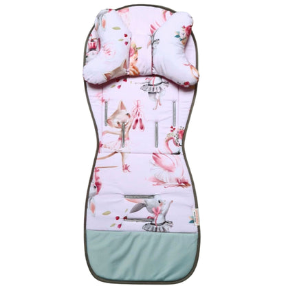 baby pram liner with head support pillow in pink pattern featuring ballerina kittens bunnies swans 