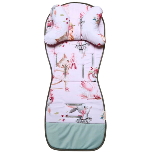 baby pram liner with head support pillow in pink pattern featuring ballerina kittens bunnies swans 