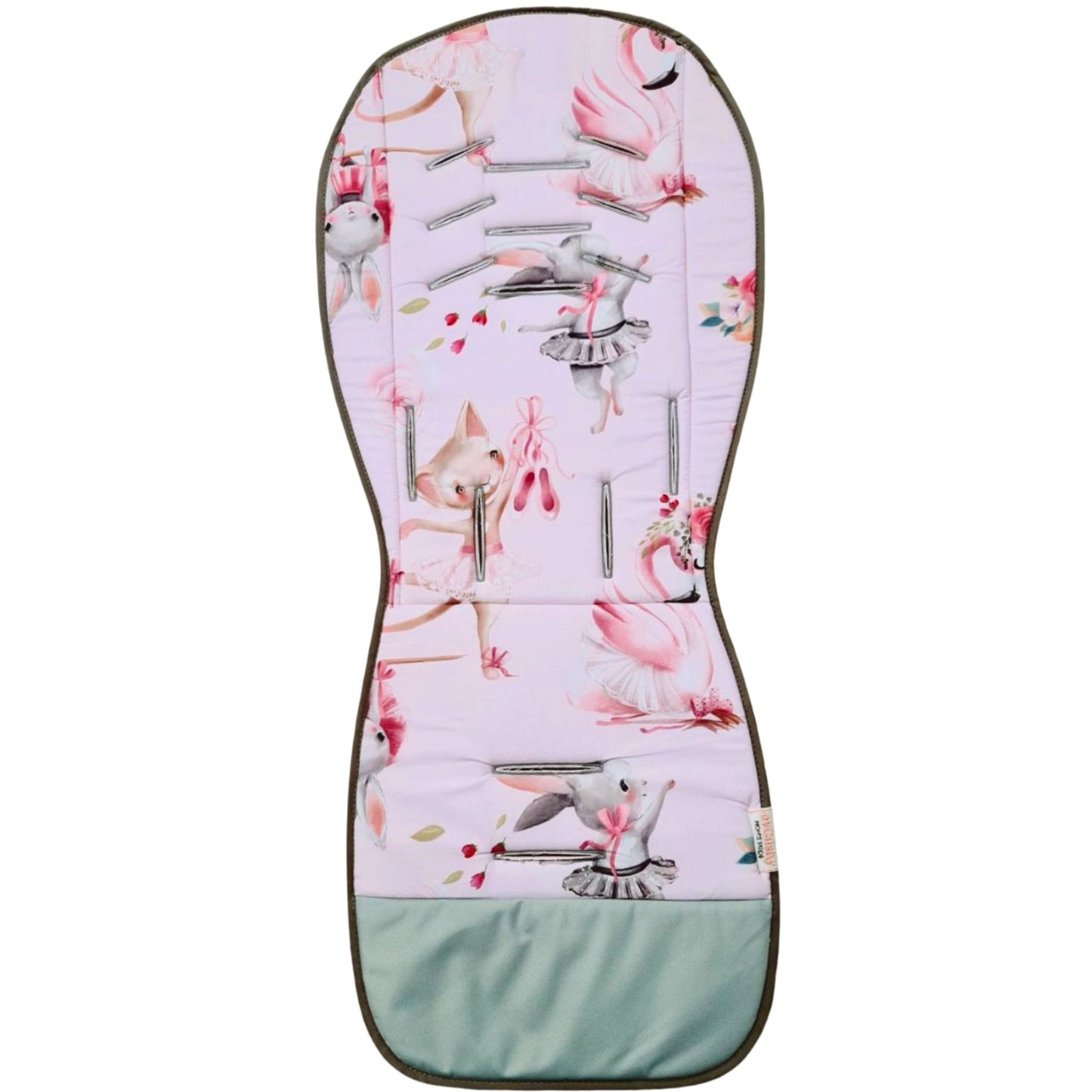 Baby seat cover with floral and animal pattern on a white background