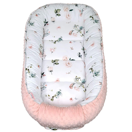 Evcushy Snuggle & Play Pod XXL in Pink Roses & Hummingbirds pattern for toddlers 6–36 months
