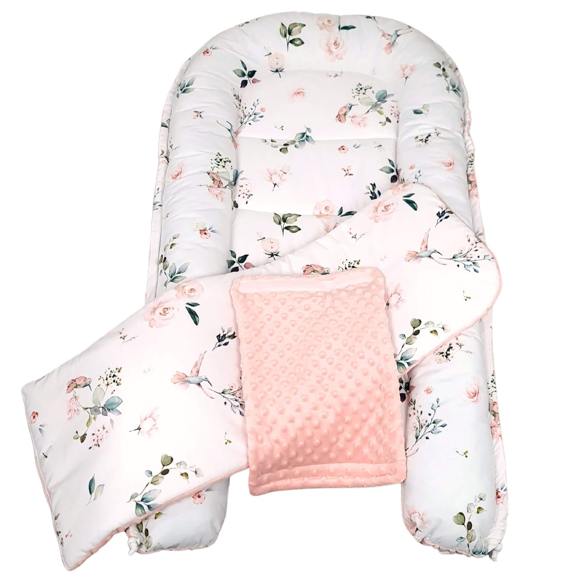 Top view of Evcushy toddler nest XXL Pink Roses & Hummingbirds