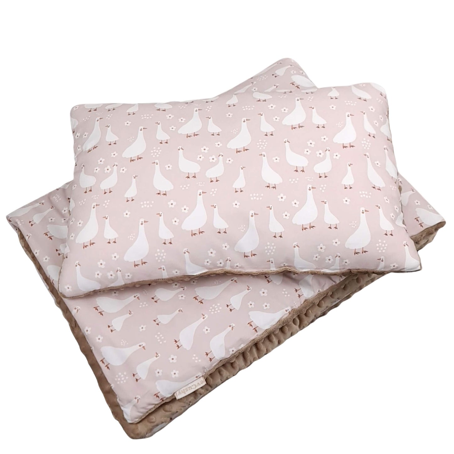Ducks-patterned pillow and blanket set  in neutral colours white geese on pink cotton and taupe minky suitable for baby up to 5 years
