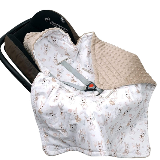 Evcushy Retro Bunny Car Seat Blanket secured with 3-point harness for newborn safety