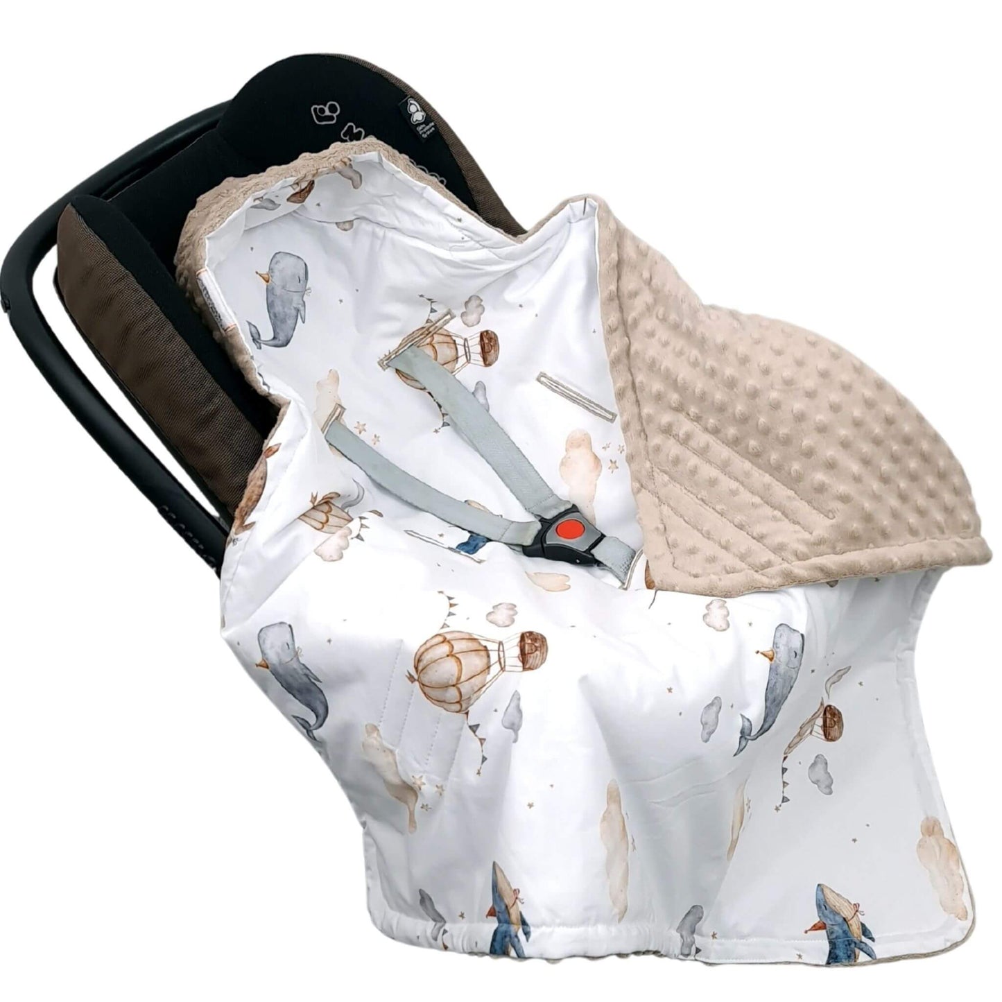 Evcushy Retro Bunny Car Seat Blanket secured with 3-point harness for newborn safety BEGE TOUPE COLOUR WITH WHALES
