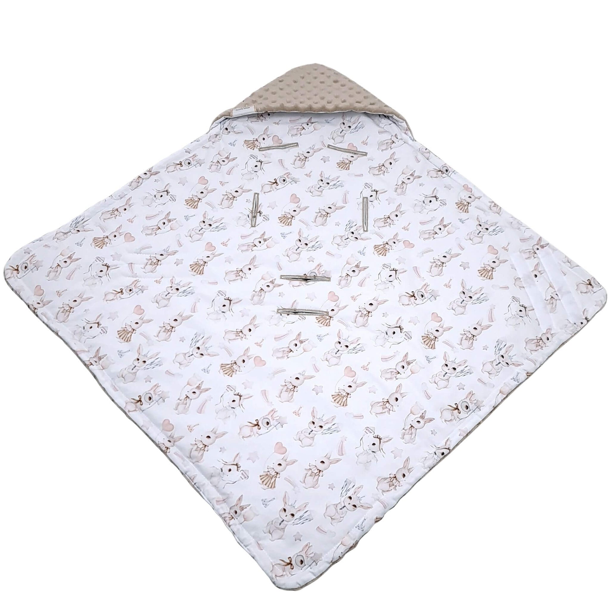 Hood detail of Evcushy Retro Bunny Car Seat swaddle Blanket for added warmth and comfort with holes for harness