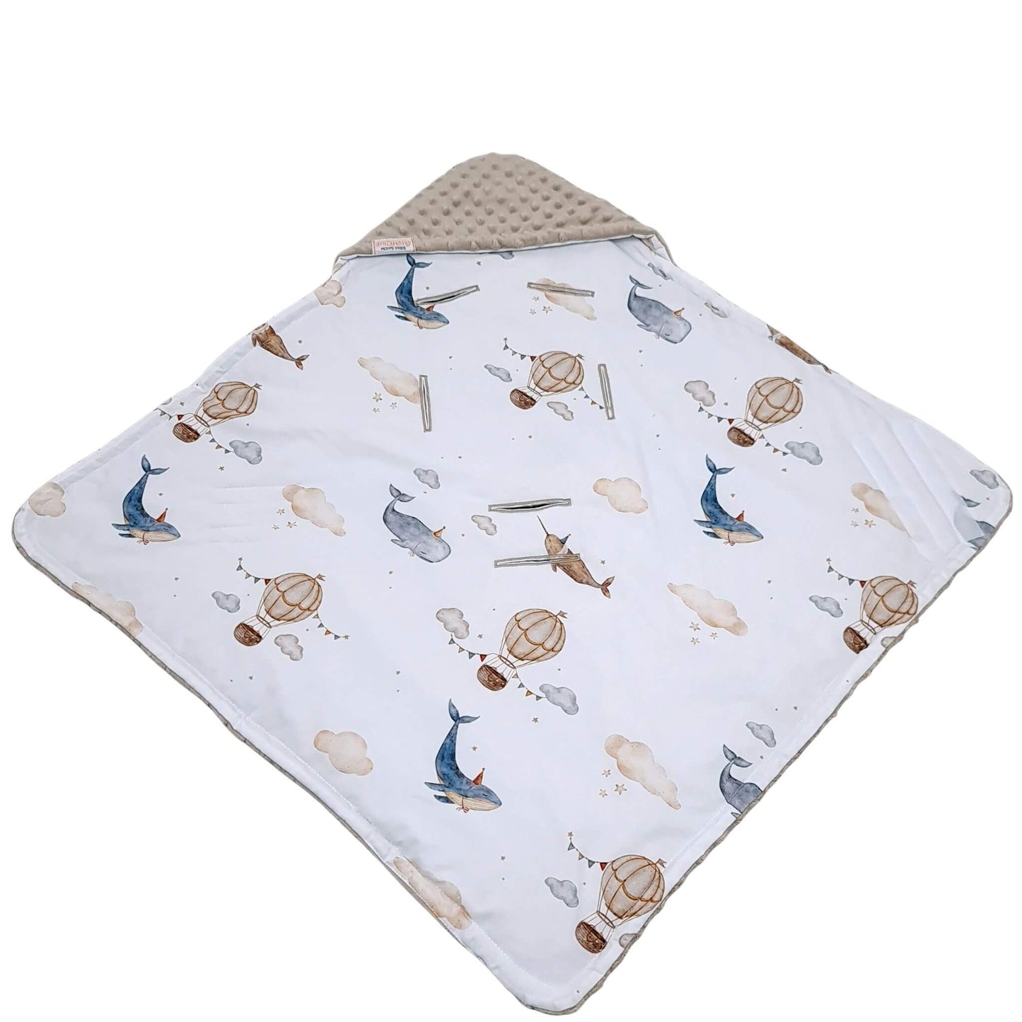 Hood detail of Evcushy Retro Bunny Car Seat Blanket for added warmth and comfort beie colour of plush and balloons pattern
