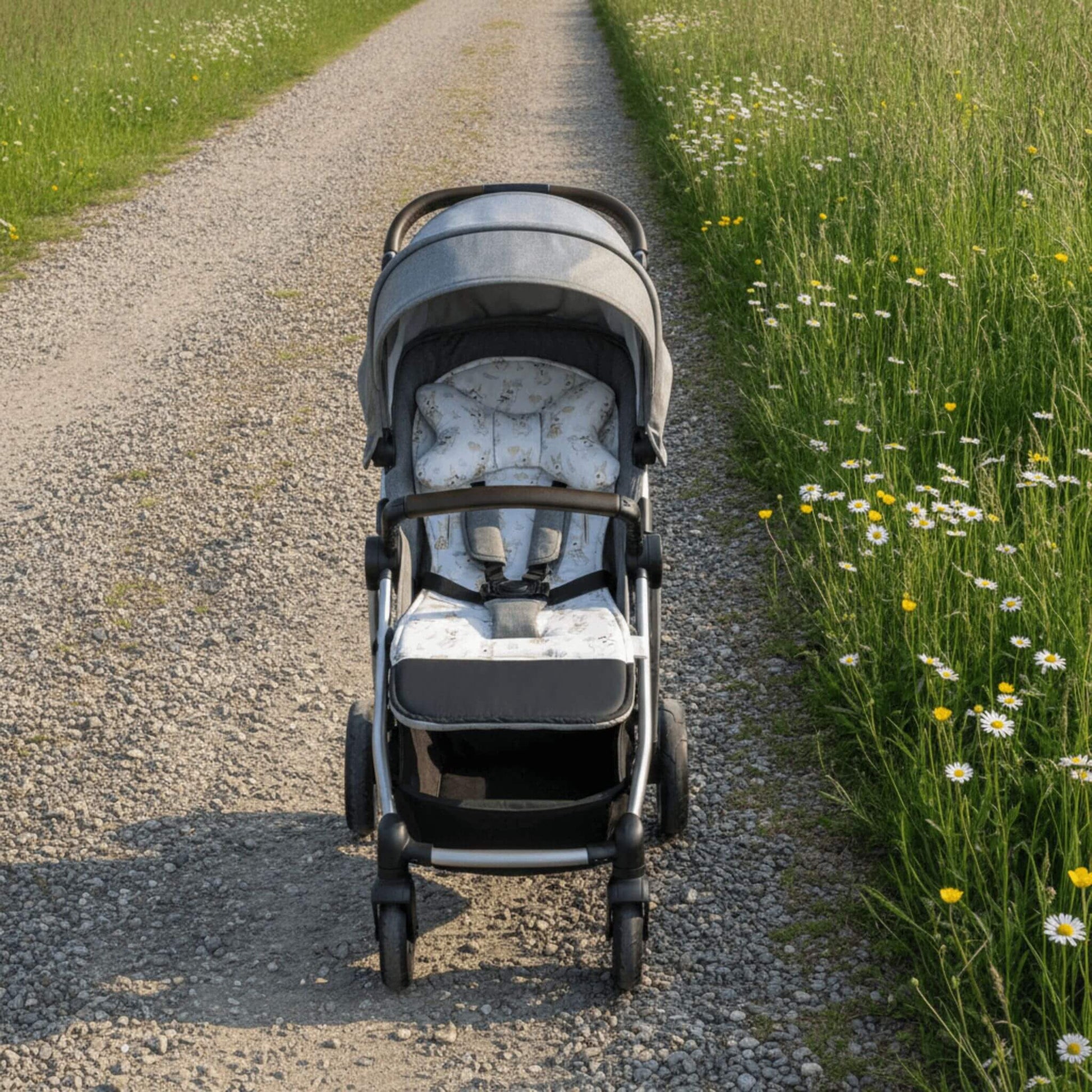 Evcushy Retro Bunny reversible stroller liner with matching head support pillow fitted inside a buggy. Soft padded cotton and velvet pram liner with washable footrest.